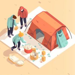 Ett tält där en hemlös bord och folk som hjälper till